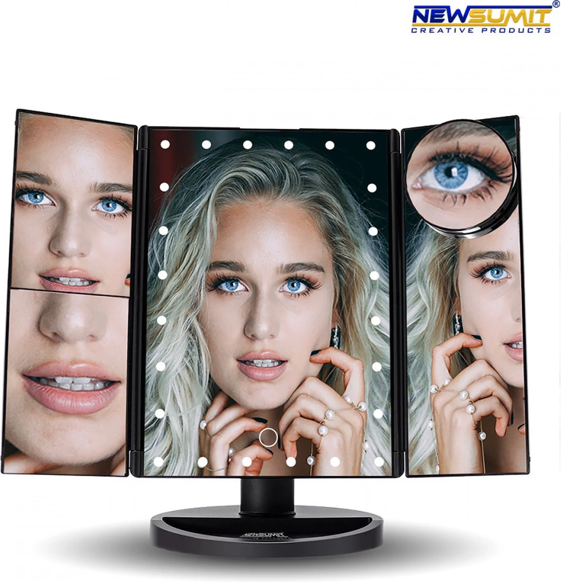 Make-Up Spiegel Met LED Verlichting - Zwart - Vergrootspiegels - Cosmetica/ Visagie Spiegel - 180° Draaibaar - Werkt Op AAA Batterijen én USB - Inclusief USB Kabel 3 Make-Up Spiegel Met LED Verlichting - Zwart - Vergrootspiegels - Cosmetica/ Visagie Spiegel - 180° Draaibaar - Werkt Op AAA Batterijen én USB - Inclusief USB Kabel