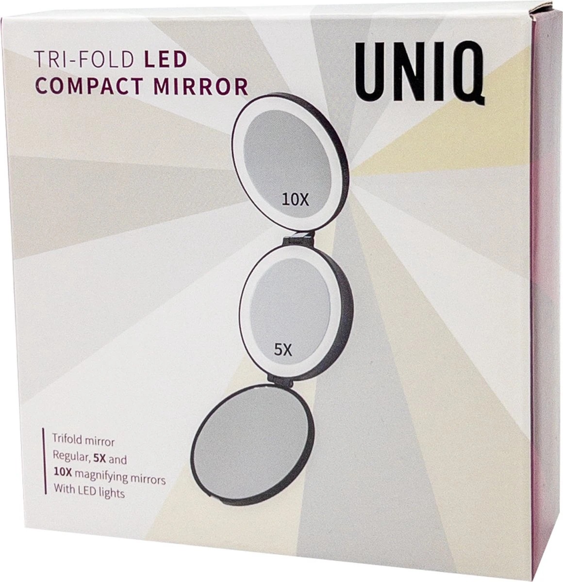 UNIQ Drievoudige Compacte Reisspiegel Met LED (vergroting 5x En 10x) - Make Up Spiegel Met Verlichting - Zwart 4 UNIQ Drievoudige Compacte Reisspiegel Met LED (vergroting 5x En 10x) - Make Up Spiegel Met Verlichting - Zwart - Afbeelding 2
