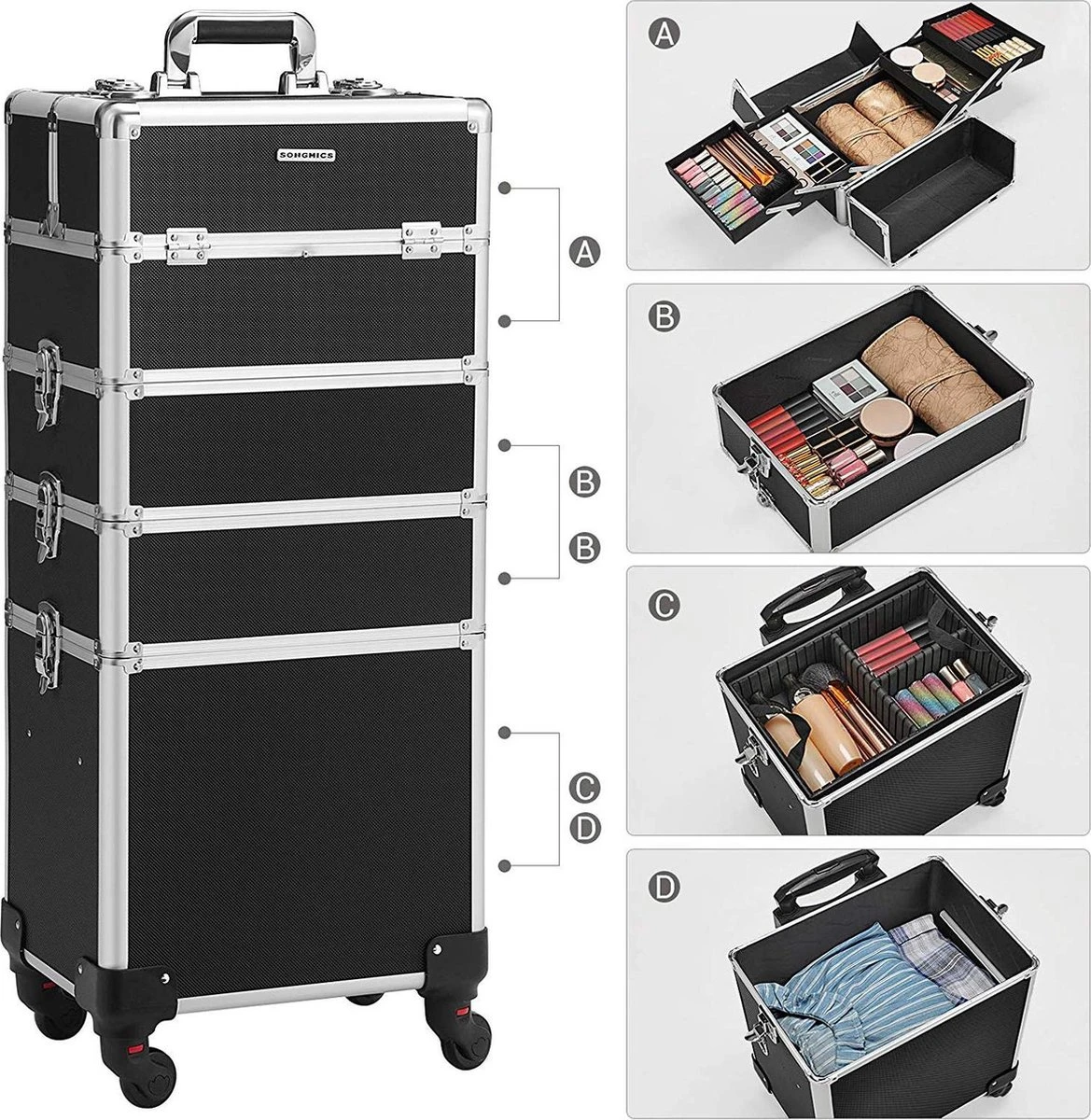XXL PRO Visagie Beauty Case Koffer Trolley - Nagelkoffer Op Wielen Voor Makeup Of Cosmetica - Grote Uitklapbare Opbergsysteem Nagel Styliste Kapster - Zwart 7 XXL PRO Visagie Beauty Case Koffer Trolley - Nagelkoffer Op Wielen Voor Makeup Of Cosmetica - Grote Uitklapbare Opbergsysteem Nagel Styliste Kapster - Zwart - Afbeelding 5