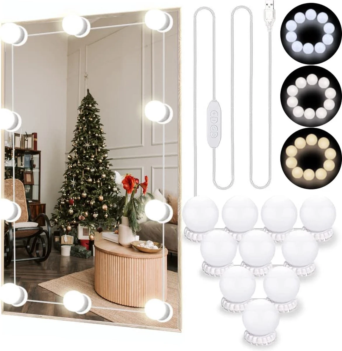 BOTC Hollywood Spiegellampen - 10 Led Spiegellampen Met 3 Lichtmodi En 10 Dimfunctie Voor Make-upspiegel - LUB90101 3 BOTC Hollywood Spiegellampen - 10 Led Spiegellampen Met 3 Lichtmodi En 10 Dimfunctie Voor Make-upspiegel - LUB90101