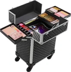 Cosmetische Koffer, Trolley, Make-up Case Met Handvat, 4 Universele Wielen, 4 Uitschuifbare Dienbladen, Make-up Tas, Voor Reizen, Zwart -Cosmeticawinkel 1192x1200 10