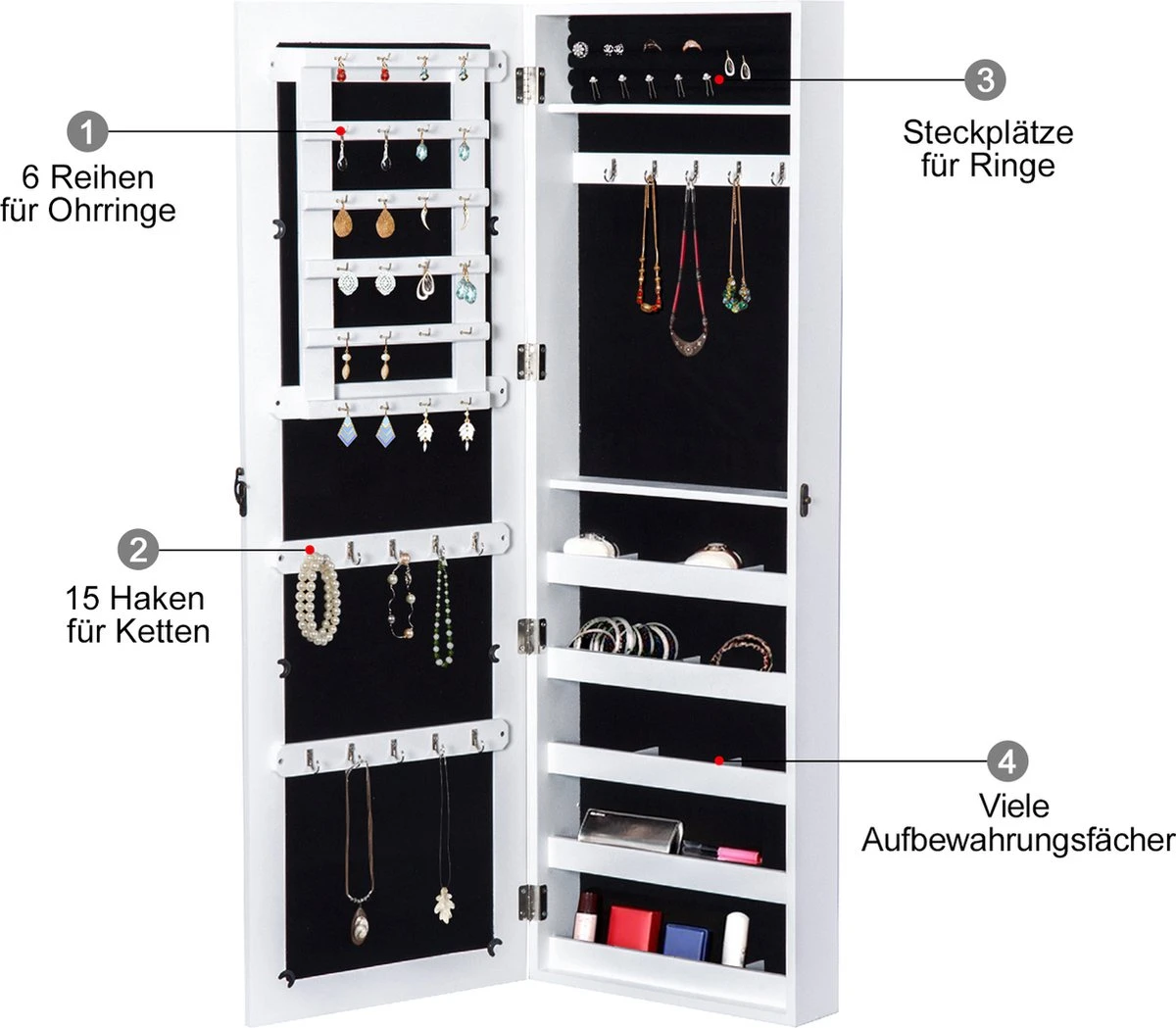 HOMCOM 2-in-1 Sieradenkast Wandspiegel Spiegelkast Sieraden Ladekast Spiegel 833-102WT 8 HOMCOM 2-in-1 Sieradenkast Wandspiegel Spiegelkast Sieraden Ladekast Spiegel 833-102WT - Afbeelding 6