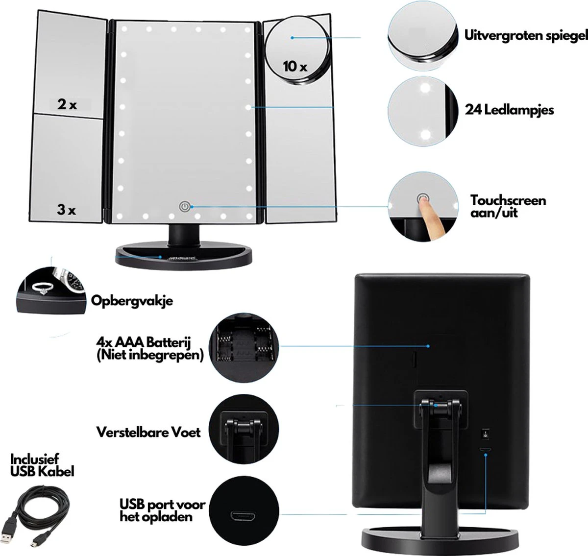 Make-Up Spiegel Met LED Verlichting - Zwart - Vergrootspiegels - Cosmetica/ Visagie Spiegel - 180° Draaibaar - Werkt Op AAA Batterijen én USB - Inclusief USB Kabel 4 Make-Up Spiegel Met LED Verlichting - Zwart - Vergrootspiegels - Cosmetica/ Visagie Spiegel - 180° Draaibaar - Werkt Op AAA Batterijen én USB - Inclusief USB Kabel - Afbeelding 2