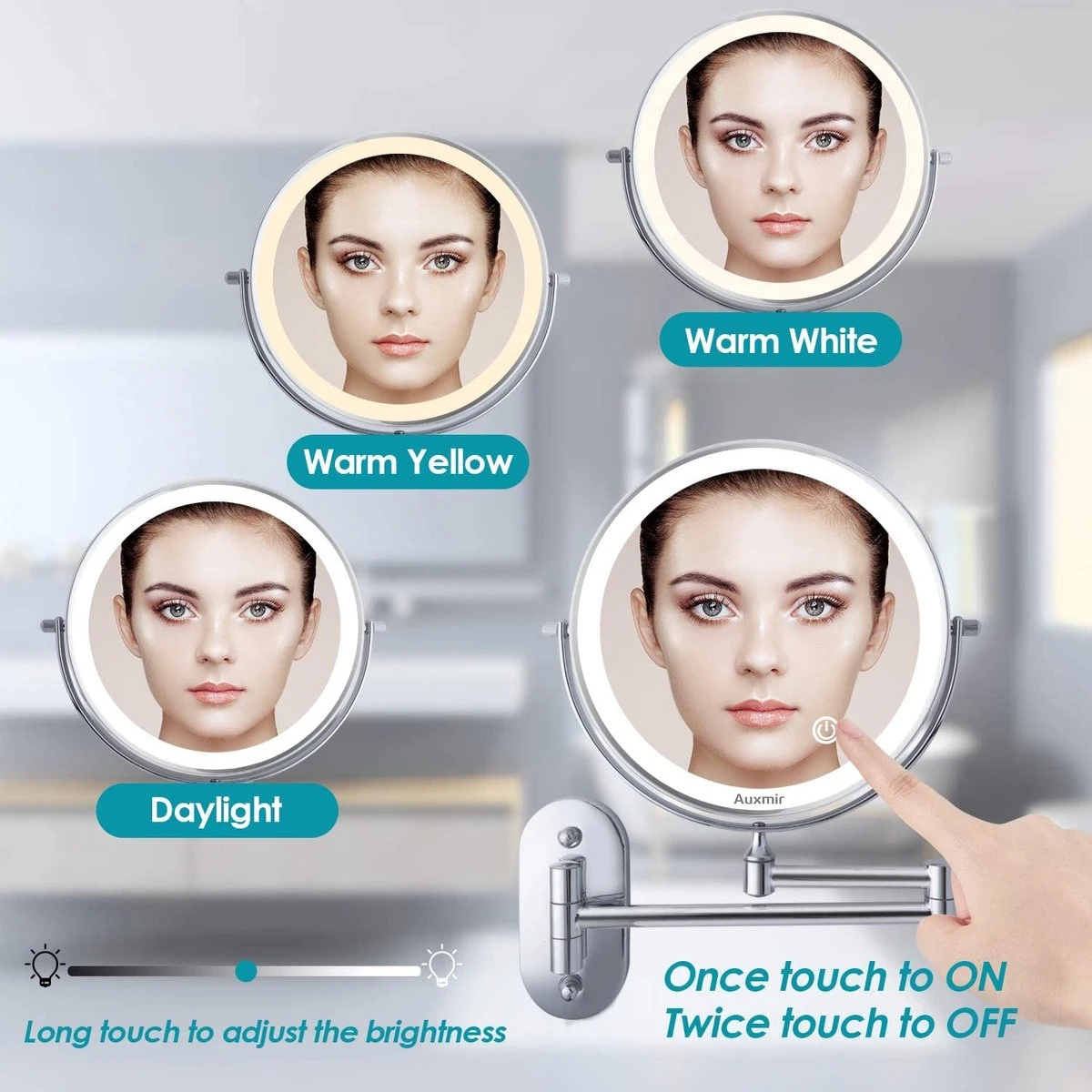 Auxmir Cosmetische Spiegel Met 1X / 10X Vergroting LED Verlichting, Dimbare Make-up Spiegel Met Touch Schakelaar USB Oplaadbare, Scheerspiegel 360 ° Draaibare Muurbeugel Voor Badkamer, Spa En Hotel 4 Auxmir Cosmetische Spiegel Met 1X / 10X Vergroting LED Verlichting, Dimbare Make-up Spiegel Met Touch Schakelaar USB Oplaadbare, Scheerspiegel 360 ° Draaibare Muurbeugel Voor Badkamer, Spa En Hotel - Afbeelding 2