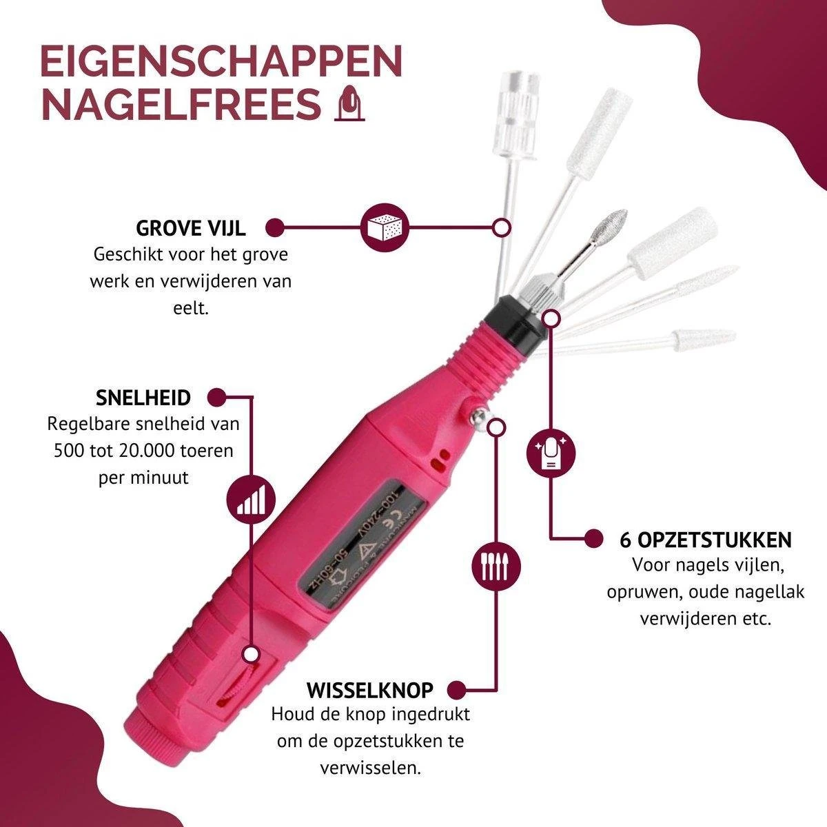 Royala - Manicure & Pedicure Set Elektrische Nagelvijl Nagelfrees - Nail Drill - Geschikt Voor Natuurlijke Nagels - Nepnagels - Gellak - Gelnagels - Acrylnagels - 6 Opzetstukken - Rood 9 Royala - Manicure & Pedicure Set Elektrische Nagelvijl Nagelfrees - Nail Drill - Geschikt Voor Natuurlijke Nagels - Nepnagels - Gellak - Gelnagels - Acrylnagels - 6 Opzetstukken - Rood - Afbeelding 7