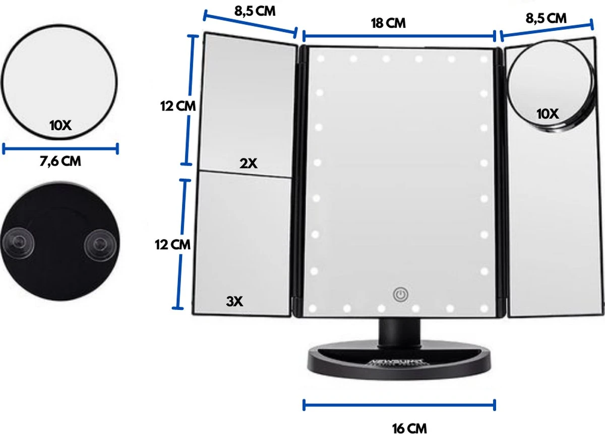 Make-Up Spiegel Met LED Verlichting - Zwart - Vergrootspiegels - Cosmetica/ Visagie Spiegel - 180° Draaibaar - Werkt Op AAA Batterijen én USB - Inclusief USB Kabel 6 Make-Up Spiegel Met LED Verlichting - Zwart - Vergrootspiegels - Cosmetica/ Visagie Spiegel - 180° Draaibaar - Werkt Op AAA Batterijen én USB - Inclusief USB Kabel - Afbeelding 4